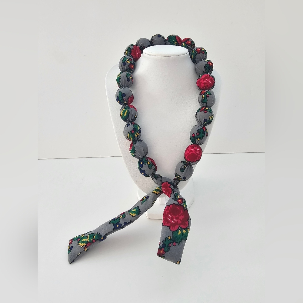 Authentic Polish Folk Art Fabric Covered Gray Necklace Blue Floral Chokerโ
